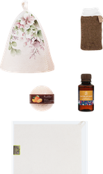 Изображение товара Набор для бани и сауны ГЛАВБАНЯ Весенний, шапка, коврик, мочалка, настой и бомбочка, Арт. Б32327Л