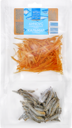 Изображение товара Микс сушено‑вяленый WISH FISH Анчоус и кальмар паутинка пряный 70г