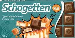 Изображение товара Шоколад молочный SCHOGETTEN с начинкой из обезжиренного йогурта со вкусом чизкейка и кусочками карамели, 100г