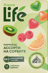 Изображение товара Мармелад желейно-формовой ЛЕНТА LIFE со вкусом апельсина, малины и киви, на сорбите, 150г