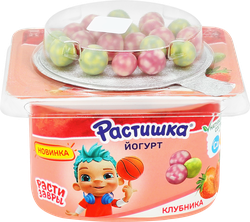 Изображение товара Йогурт РАСТИШКА Клубника злаковые шарики в шоколадной цветной глазури со вкусом черника-банан 3%, без змж, 117г