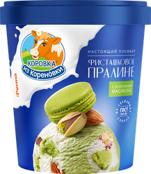 Изображение товара Мороженое КОРОВКА ИЗ КОРЕНОВКИ Фисташковое пралине, пломбир миндальный и фисташковый с кусочками печенья макарон 15%, без змж, пластиковый стакан, 300г