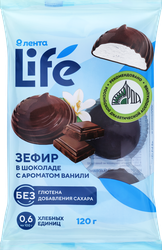 Изображение товара Зефир глазированный ЛЕНТА LIFE с ароматом ванили в шоколаде, без сахара, 120г