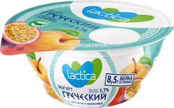 Изображение товара Йогурт LACTICA Греческий с персиком и маракуйей 1,7% двухслойный, без змж, 130г