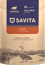 Изображение товара Корм влажный для взрослых кошек SAVITA с уткой и овощами в соусе, для стерилизованных, 85г