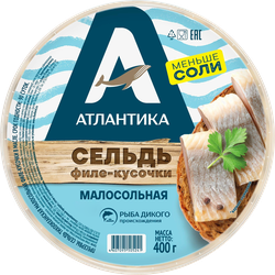 Изображение товара Сельдь малосольная АТЛАНТИКА филе-кусочки в масле, 400г
