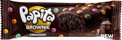 Изображение товара Кекс шоколадный PAPITA Brownie с какао-глазурью, шоколадной начинкой и цветным драже, 40г