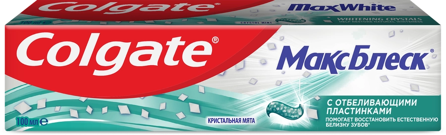 Зубная паста COLGATE Макс Блеск Кристальная мята с отбеливающими пластинками для свежего дыхания и отбеливания зубов, 100мл