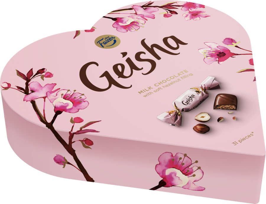 Конфеты FAZER Geisha, сердце из молочного шоколада с начининкой ореховое пралине, 225г