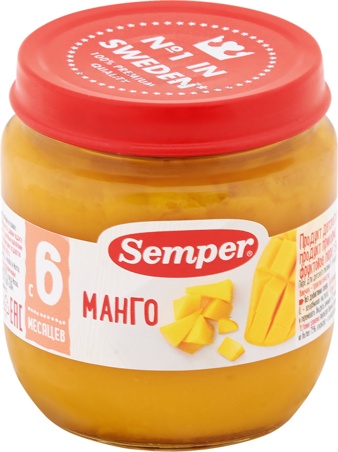 Пюре фруктовое SEMPER Манго, с витаминами, с 6 месяцев, 125г