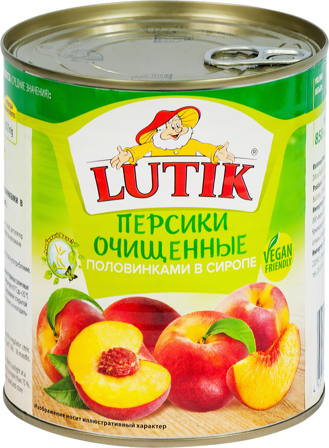 Персики LUTIK половинки в сиропе, очищенные, 850мл