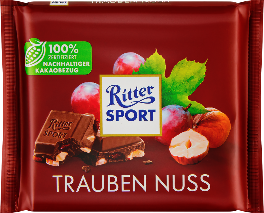 Шоколад молочный RITTER SPORT с лесным орехом и калифорнийским изюмом, 100г