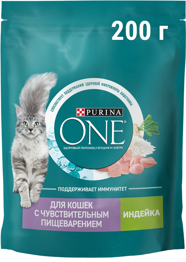 Корм сухой для взрослых кошек PURINA ONE Sensitive Индейка и рис, с чувствительным пищеварением, 200г