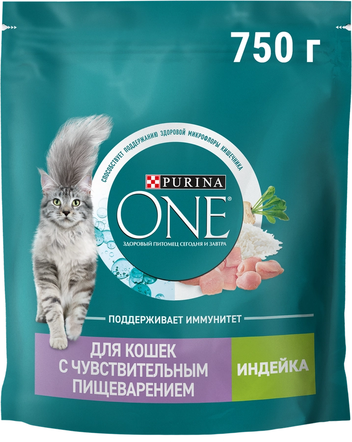 Корм сухой для взрослых кошек PURINA ONE Sensitive Индейка и рис, с чувствительным пищеварением, 750г