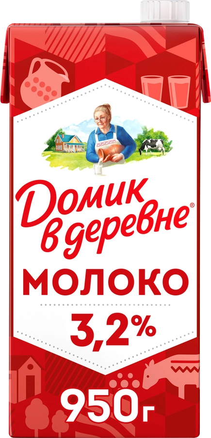 Молоко ультрапастеризованное ДОМИК В ДЕРЕВНЕ 3,2%, без змж, 950г