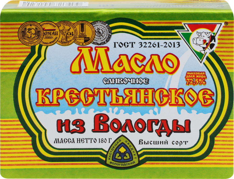 Масло сливочное ИЗ ВОЛОГДЫ Крестьянское 72,5%, без змж, 180г
