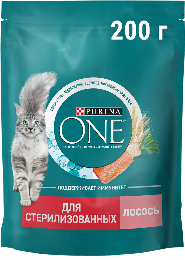 Корм сухой для взрослых кошек PURINA ONE Sterilised с лососем и пшеницей, для стерилизованных, 200г
