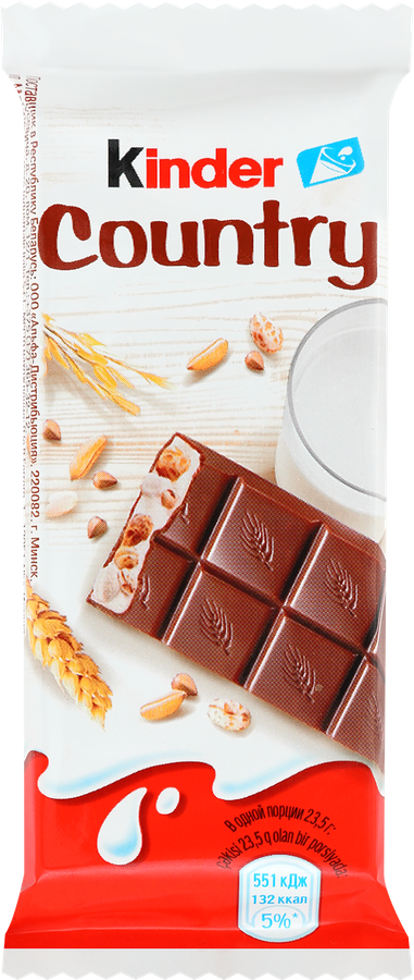 Шоколад KINDER Chocolate Country с молочно-злаковой начинкой, 23,5г