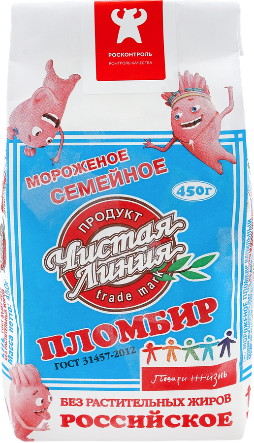 Мороженое ЧИСТАЯ ЛИНИЯ Семейное пломбир ванильный 12%, без змж, пакет, 450г