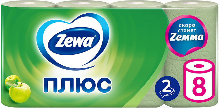 Бумага туалетная ZEWA Плюс Яблоко 2-слоя, 8шт