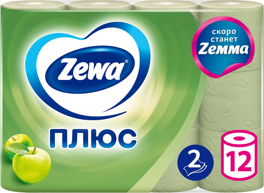 Бумага туалетная ZEWA Плюс Яблоко 2-слоя, 12шт