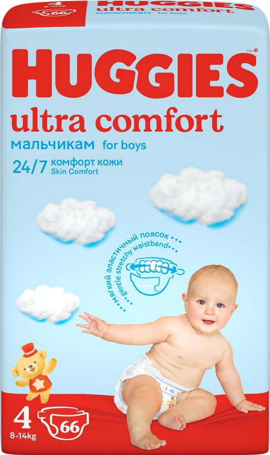 Подгузники для мальчиков HUGGIES Ultra Comfort 4 8–14кг, 66шт