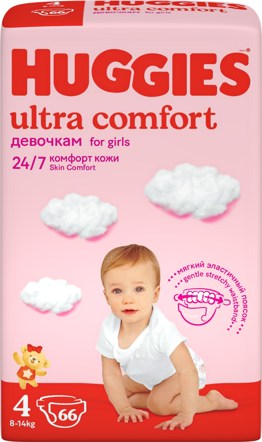 Подгузники для девочек HUGGIES Ultra Comfort 4 8–14кг, 66шт