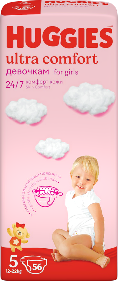 Подгузники для девочек HUGGIES Ultra Comfort 5 12–22кг, 56шт