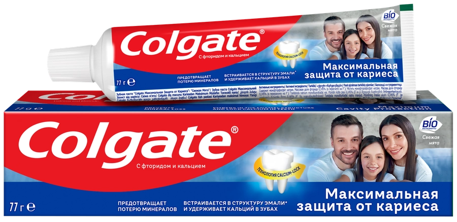 Зубная паста COLGATE Максимальная защита от кариеса Свежая мята с 
комплексом кальция и фторида и технологий Calcium-lock, 100мл