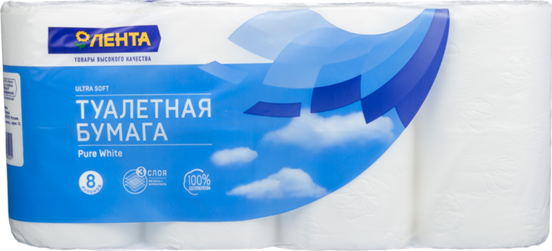 Бумага туалетная ЛЕНТА 3 слоя белая, 8шт, превью