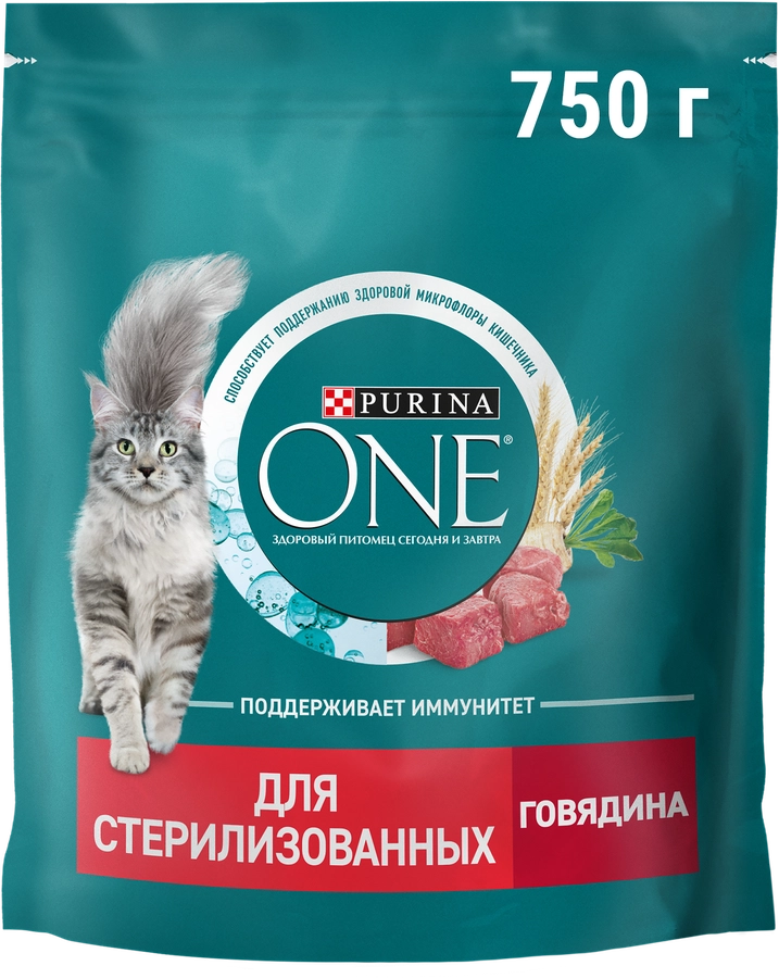 Корм сухой для взрослых кошек PURINA ONE Sterilised с говядиной и пшеницей для стерилизованных, 750г