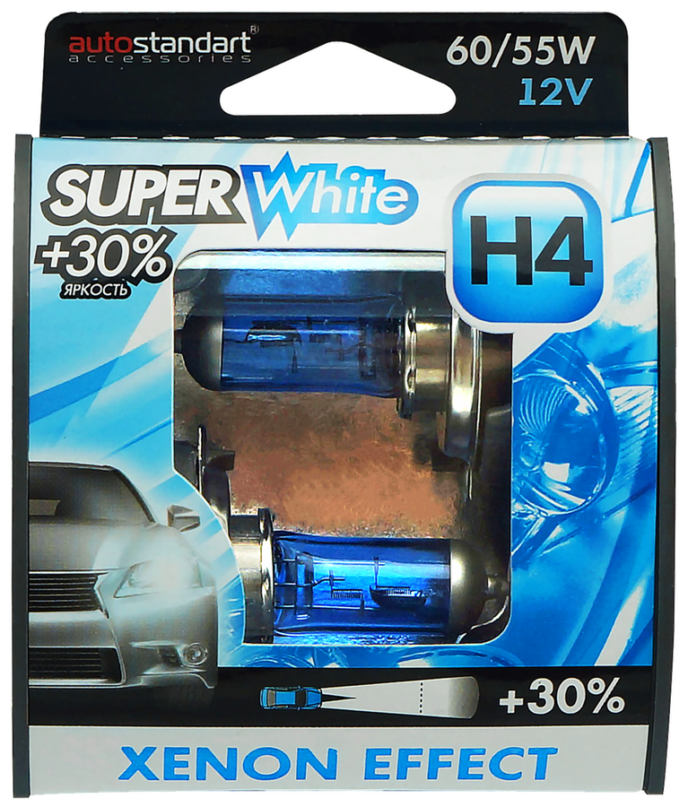 Лампа галогенная автомобильная AUTOSTANDART Super White H4-12V 60/55W P43t головного света Арт. 106007, 2шт
