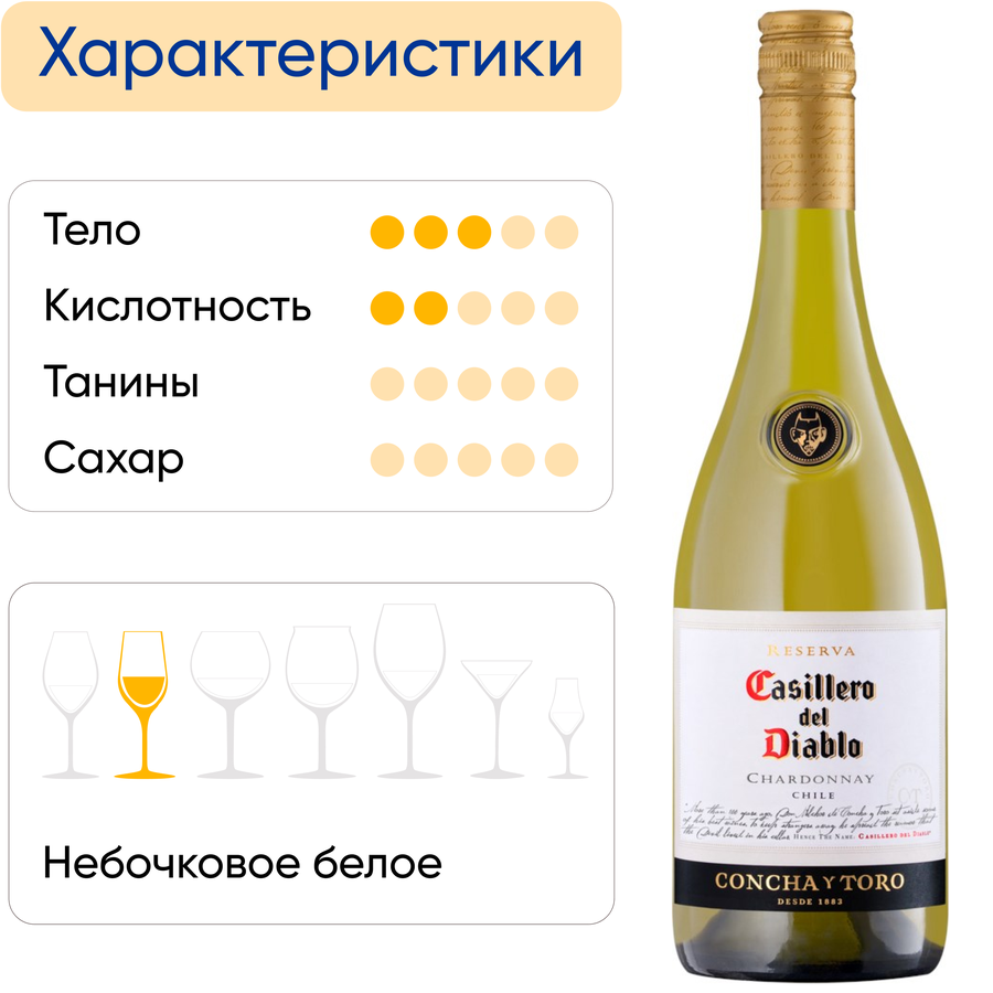 Вино CASILLERO DEL DIABLO Concha Y Toro Шардоне выдержанное белое сухое, 0.75л, предпросмотр