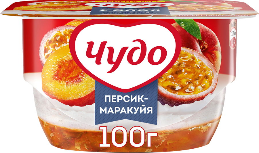 Десерт творожный ЧУДО Творожок взбитый Персик, маракуйя двухслойный 4,2%, без змж, 100г