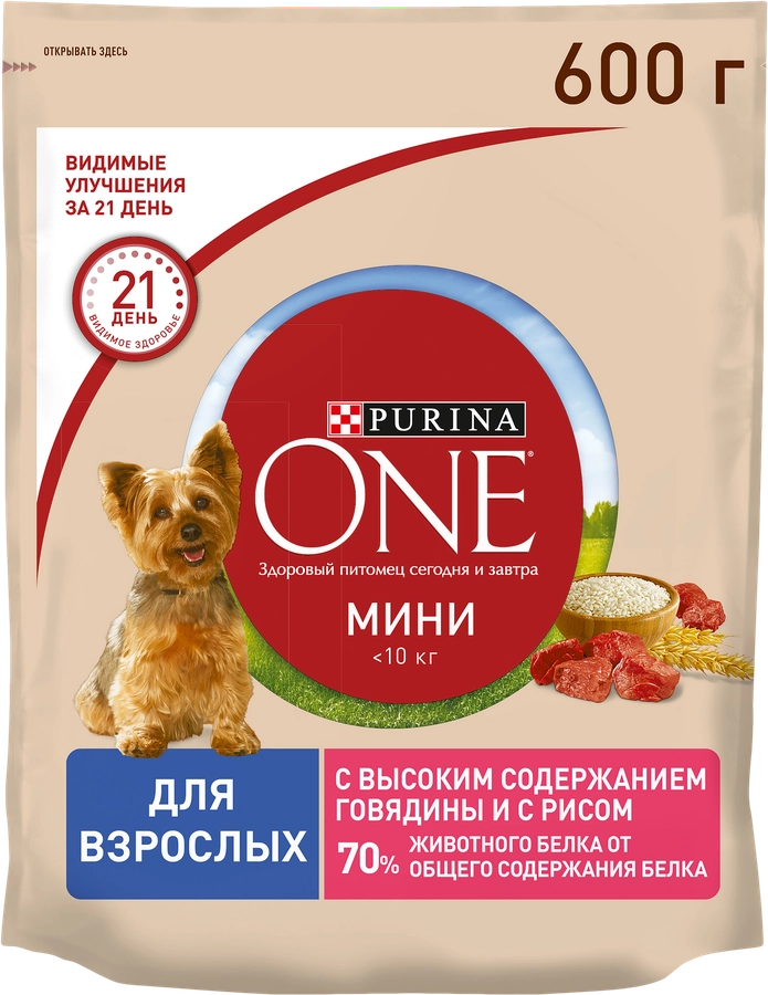 Корм сухой для взрослых собак PURINA ONE Говядина и рис, 600г