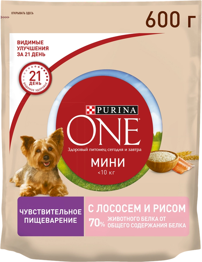 Корм сухой для взрослых собак PURINA ONE Mini Чувствительная с лососем и рисом, 600г