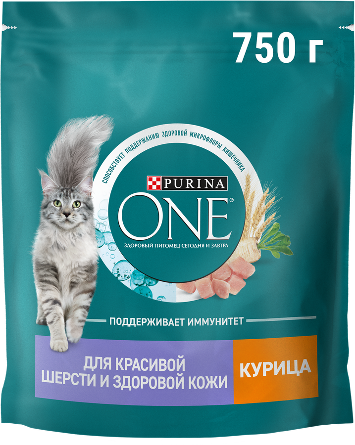 Корм сухой для взрослых кошек PURINA ONE Elegant с курицей и цельными злаками, 750г