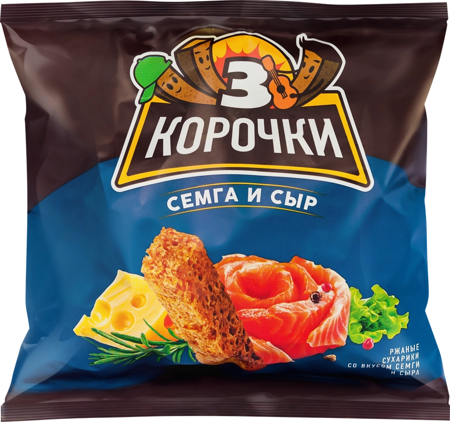 Сухарики ржаные ТРИ КОРОЧКИ Сыр и семга, 100г