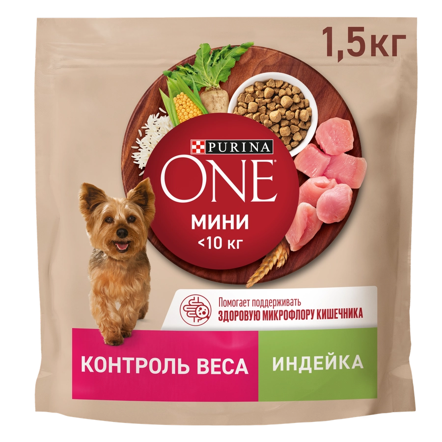 Корм сухой для взрослых собак PURINA ONE Mini Здоровый вес Индейка и рис, 1,5кг