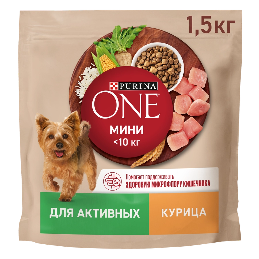 Корм сухой для взрослых собак PURINA ONE Mini Активная Курица и рис, 1,5кг