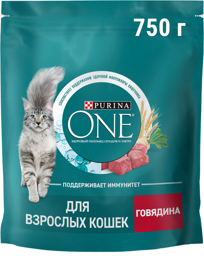 Корм сухой для взрослых кошек PURINA ONE Adult с говядиной с цельными злаками, 750г