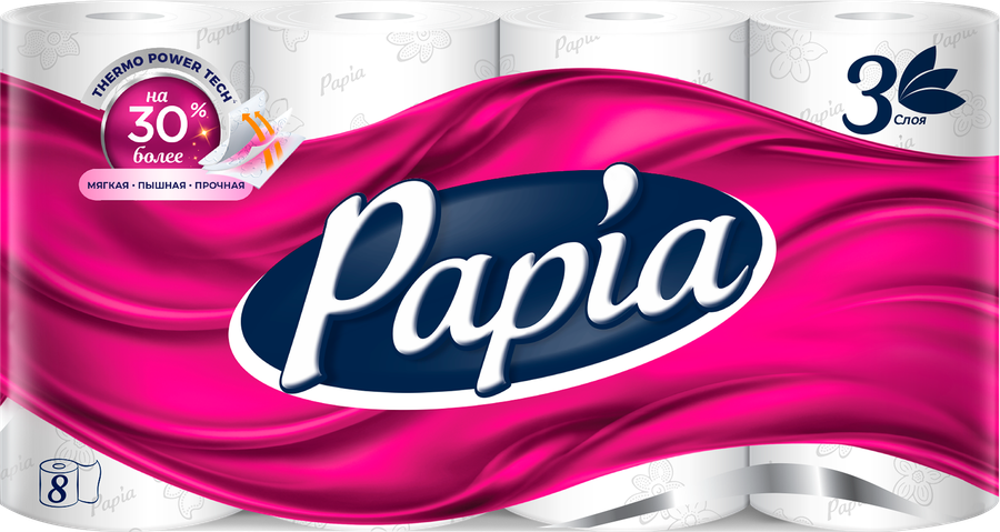 Бумага туалетная PAPIA 3-слоя белая, 8шт