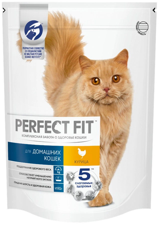 Корм сухой для взрослых кошек PERFECT FIT с курицей, для живущих в помещении, 650г