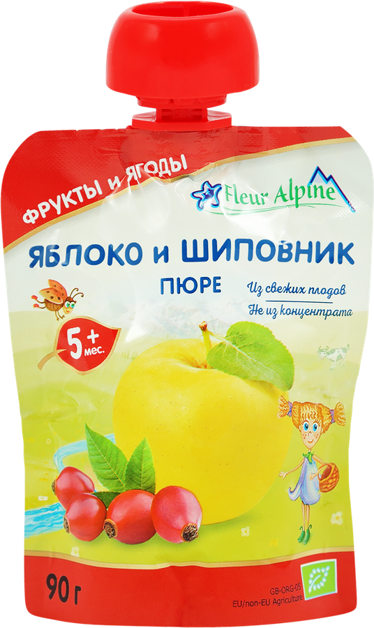 Пюре фруктово-ягодное FLEUR ALPINE Яблоко и шиповник Organic, с 5 месяцев, 90г