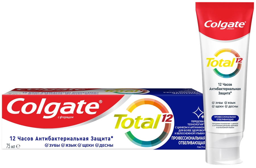 Зубная паста COLGATE Total 12 Профессиональная Отбеливающая с цинком и аргинином для борьбы с потемнениями эмали и с антибактериальной защитой, 75мл