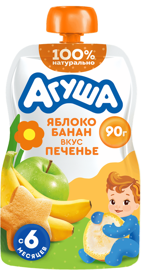 Пюре фруктовое детское АГУША Яблоко, банан, печенье, с 6 месяцев, 90г