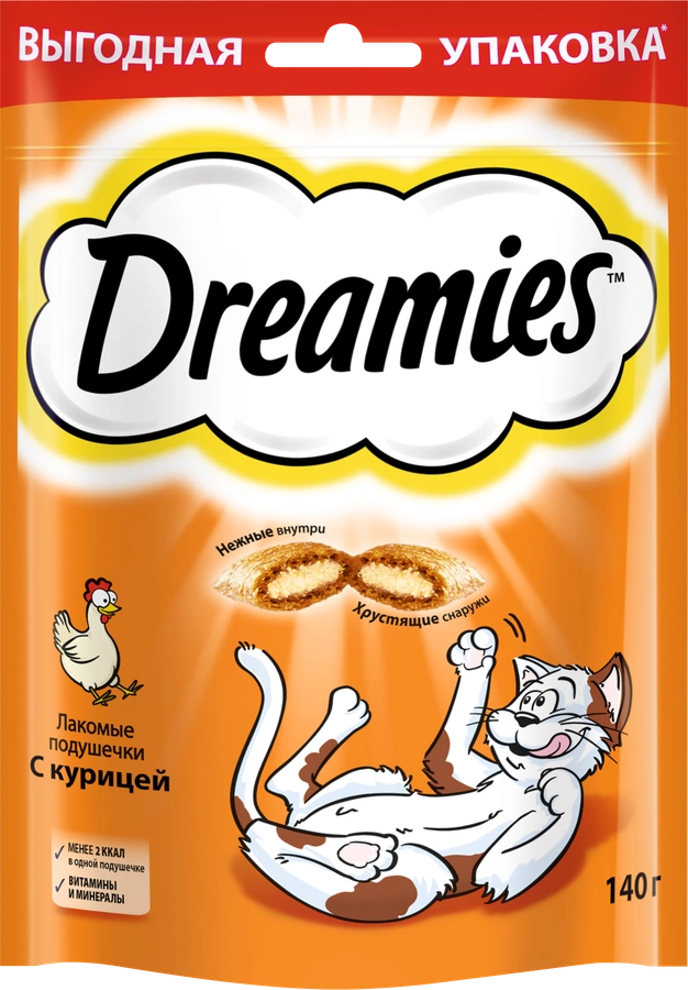 Лакомство для кошек DREAMIES Подушечки с курицей, 140г