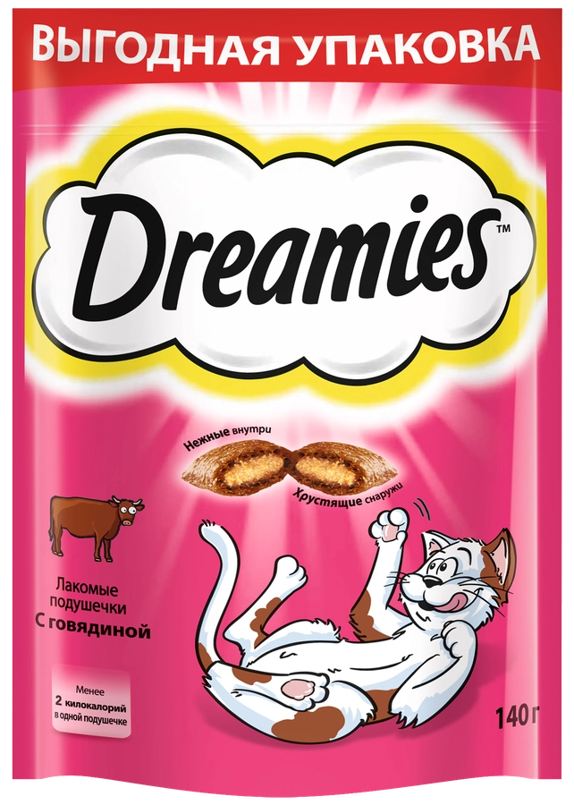 Лакомство для кошек DREAMIES Подушечки с говядиной, 140г