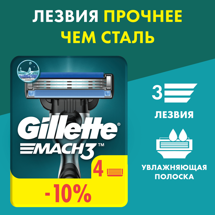Кассеты сменные для бритья GILLETTE Mach3, 4шт, предпросмотр