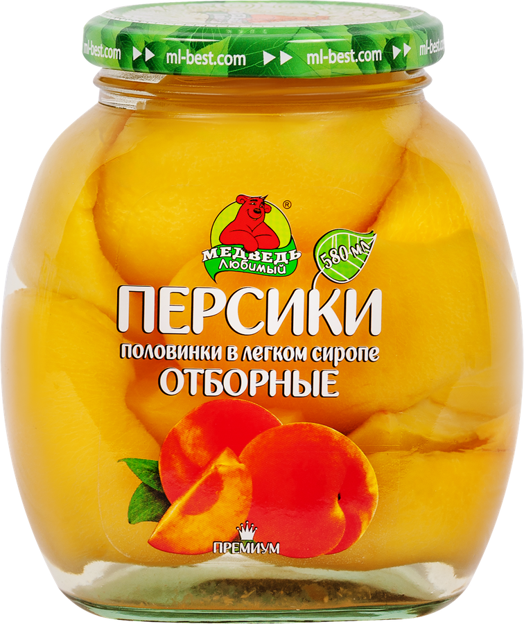 Персики отборные МЕДВЕДЬ ЛЮБИМЫЙ половинки в легком сиропе, 580мл